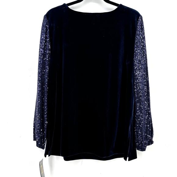 Alex Evenings Velour Sequin Sleeve Top Shirt Womens Size Large Dark Navy Blue - Picture 4 of 7